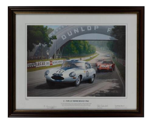 JAGUAR: A limited edition print titled &lsquo;E-TYPE AT TERTRE ROUGE 1962&rsquo;, signed by Briggs Cunningham, Roy Salvadori and artist Keith Woodcock, numbered 50/475, 39.5cm high, 50cm wide [Location: Melbourne]