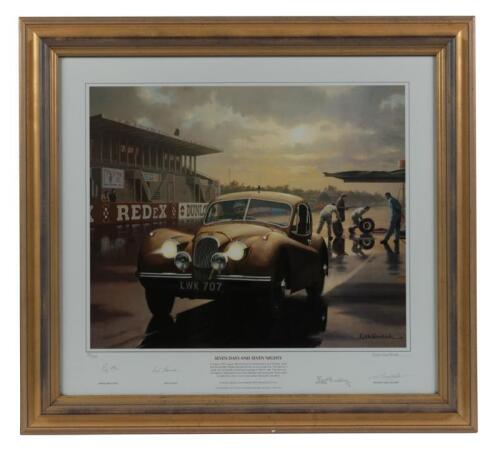 JAGUAR: A limited edition print&nbsp;titled &lsquo;SEVEN DAYS AND SEVEN NIGHTS&rsquo;, signed by Stirling Moss, Jack Fairman, Brett Hadley and team manager Mortimer Morris-Goodall and&nbsp;artist Keith Woodcock.&nbsp;52cm high, 60cm wide [Location: Melbourne]