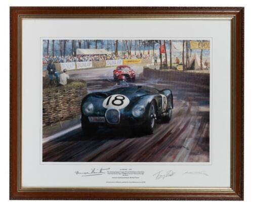 JAGUAR: A limited edition print titled &lsquo;LE, signed&nbsp;by drivers Duncan Hamilton and Tony Rolt, and artist in Michael Turner, 44cm high, 54cm wide, framed and glazed [Location: Melbourne]