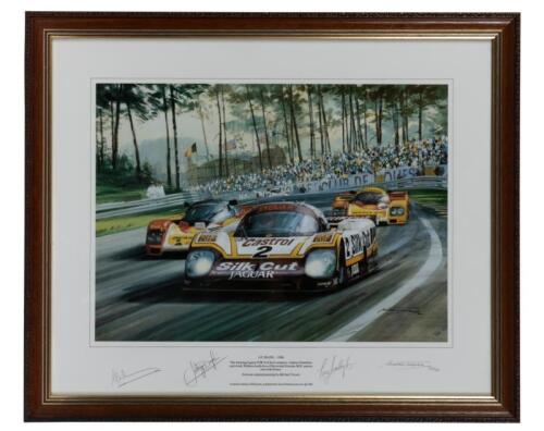 JAGUAR: A limited edition print titled &lsquo;LE MANS-1988&rsquo;, signed by drivers Johny Dumfries, Jan Lammers and Andy Wallace, and artist&nbsp;&lsquo;Michael Turner 737/850&rsquo;, 43cm high, 54cm wide, framed and glazed [Location: Melbourne]