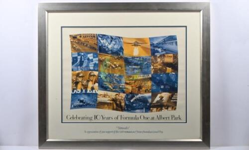 GRAND PRIX: A 2005 Formula One Foster's Australia Grand Prix Celebration of 10 Years of F1 at Albert Park framed & glazed poster. 80.5cm wide, 68.5cm high.