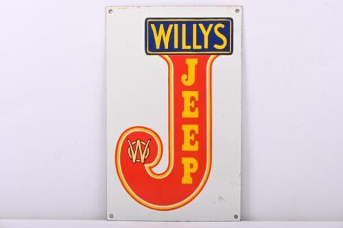 WILLYS JEEP: A high quality thick guage enameled Willys Jeep logo sign, 25.5cm wide, 40.5cm high.