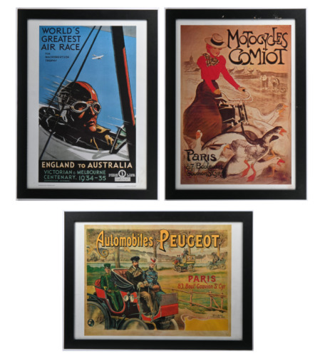 EVENT POSTERS: Three modern reproduced posters of early events including 'World's Greatest Air Race 1934-1935', 'Automobiles Peugeot Paris 83 Bould Gouvion St Cyr' & 'Motorcycles Comiot Paris' each 56.5cm wide, 77cm high.&nbsp;