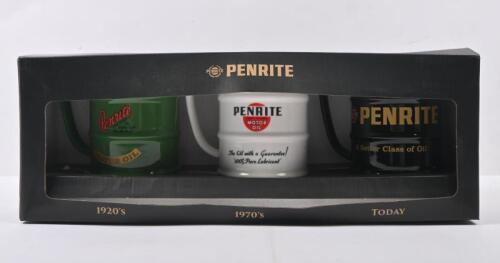 PENRITE: A three piece mug set featuring various PENRITE liveries from different eras. Mugs in form of an oil barrel