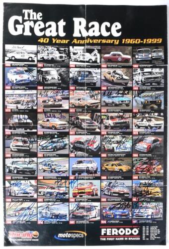 BATHURST: A motor Racing Australia 'The Great Race - 40 Anniversary 1960-1999' poster depicting each Bathurst winning car from 1960 - 1999. Every individual winning car picture signed by drivers