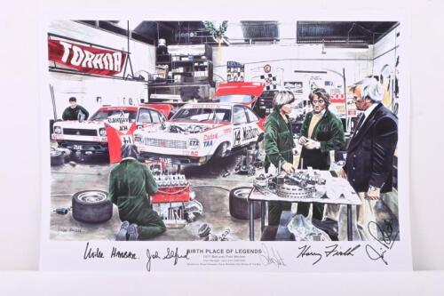 HOLDEN: A print titled ‘BIRTH PLACE OF LEGENDS’ depicting the Holden Dealer Team workshop in 1977 with A9X and L34 Toranas. Print hand signed in black by team manager Harry Firth OAM ASM, mechanic Ian Tate, John Sheppard & Jim Richards