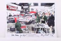 HOLDEN: A print titled &lsquo;BIRTH PLACE OF LEGENDS&rsquo; depicting the Holden Dealer Team workshop in 1977 with A9X and L34 Toranas. Print hand signed in black by team manager Harry Firth OAM ASM, mechanic Ian Tate, John Sheppard & Jim Richards