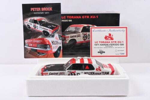 LC TORANA: A Limited Edition 1:18 scale Autoart Holden LC Torana GTR XU-1 as raced by Peter Brock in the 1971 Hardie-Ferodo 500. COA numbered 5464/7200. 'PETER BROCK BATHURST 1971' information sheet signed by Harry Firth