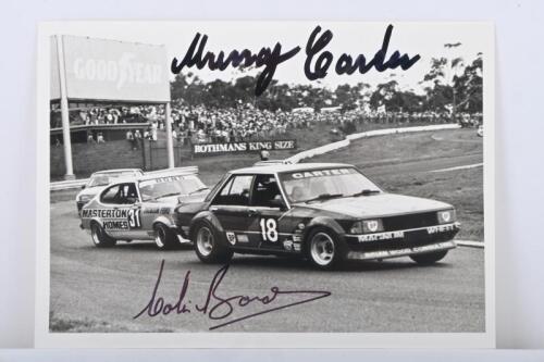 CARTER: A black and white picture of Murray Carter in a Ford Falcon XD and Colin Bond in a Ford Capri. Colin Bond & Murray Carter signatures