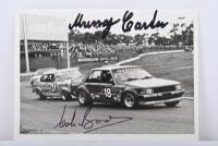 CARTER: A black and white picture of Murray Carter in a Ford Falcon XD and Colin Bond in a Ford Capri. Colin Bond & Murray Carter signatures