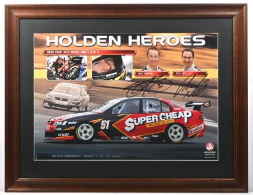HOLDEN HEROES: A 'HOLDEN HEROES - SUPER CHEAP AUTO RACING 2005 - 3 OF 8' promotional poster featuring Greg Murphy and Paul Weel with the Super Cheap Holden Commodore. Murphy & Weel signatures