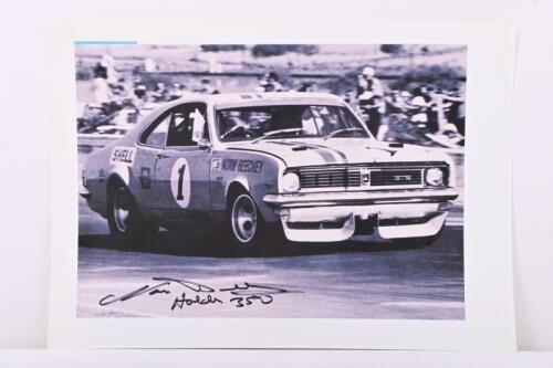 BEECHEY: A black and white picture of Norm Beechey racing the HT Holden Monaro GTS 350 at Calder Park, 1971. Norm Beechey signature