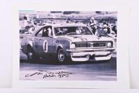 BEECHEY: A black and white picture of Norm Beechey racing the HT Holden Monaro GTS 350 at Calder Park, 1971. Norm Beechey signature