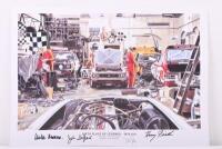 FIRTH: Print "Birthplace of Legends &ndash; 1972 XU1" depicting a Holden garage scene with mechanics Ian Tate and Ray Borrett. Print hand signed in black marker by Harry Firth, Ian Tate, John Sheppard & artist