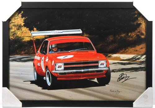 JANE: A Martin de Lang print depicting Bob Jane racing a V8 LC Holden Torana Sports Sedan. Bob Jane signature