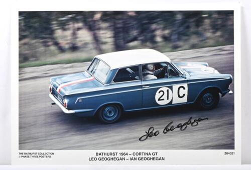 GEOGHEGAN: A colour picture by Three Phase Posters of Leo/Ian Geoghegan driving a Cortina GT at Bathurst in 1964. Leo Geoghegan signature