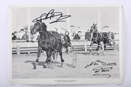 BEECHEY/JANE: A very unusual black and white print depicting Bob Jane and Norm Beechey trying out real horsepower with Trotters at Calder Park Raceway, 1968. Bob Jane & Norm Beechey signatures