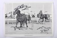 BEECHEY/JANE: A very unusual black and white print depicting Bob Jane and Norm Beechey trying out real horsepower with Trotters at Calder Park Raceway, 1968. Bob Jane & Norm Beechey signatures