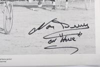 BEECHEY/JANE: A very unusual black and white print depicting Bob Jane and Norm Beechey trying out real horsepower with Trotters at Calder Park Raceway, 1968. Bob Jane & Norm Beechey signatures - 3