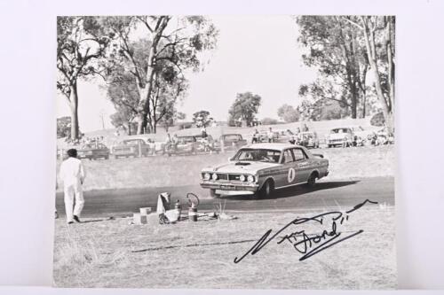 BEECHEY: A black and white image on photographic paper of Norm Beechey racing a 1971 Ford Falcon XY GT HO Phase 3 at Winton, 1972. Norm Beechey signature