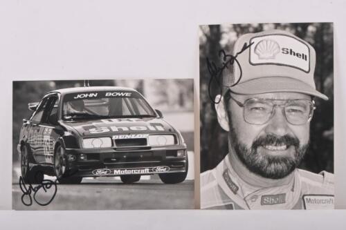 BOWE: Two black and white pictures relating to John Bowe. One image of Bowe racing the Shell Ford Sierra Cosworth. John Bowe signatures