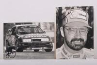 BOWE: Two black and white pictures relating to John Bowe. One image of Bowe racing the Shell Ford Sierra Cosworth. John Bowe signatures