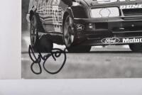 BOWE: Two black and white pictures relating to John Bowe. One image of Bowe racing the Shell Ford Sierra Cosworth. John Bowe signatures - 2