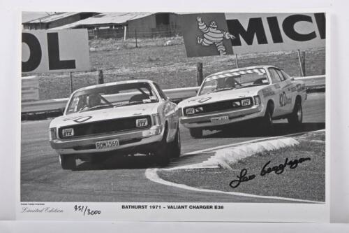 GEOGHEGAN: A Limited Edition PHASE THREE POSTERS black and white picture from Bathurst 1971 featuring Valiant Charger E38s. Leo Geoghegan signature