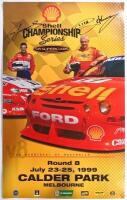 V8 SUPERCARS: A Round 8 July 23-25, 1999 CALDER PARK, MELBOURNE 'Shell CHAMPIONSHIP Series V8 SUPERCARS AUSTRALIA' promotional poster featuring Craig Lowndes and Dick Johnson. Lowndes & Johnson signatures