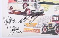FORD: A 'Ford RETRO-RUN '99' promotional poster featuring colour illustrations of various Ford models. Poster signed by numerous Ford associates including Harry Firth, Allan Moffat, Glenn Seton - 2
