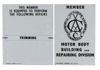 V.A.C.C: Two enameled signs endorsing motor body building and repairs division, with nomination sign. Largest 46cm high&nbsp; x 38cm wide - 3