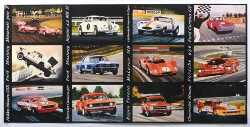 JANE: A large colour print collage depicting Martin de Lang prints of Bob Jane race cars. Chevrolet Monza, Ford Mustang, McLaren M8 & Porsche 956 images