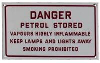 DANGER: A 'DANGER Petrol Stored' white enameled tin sign, (19cm high x 32.5cm wide) - 3