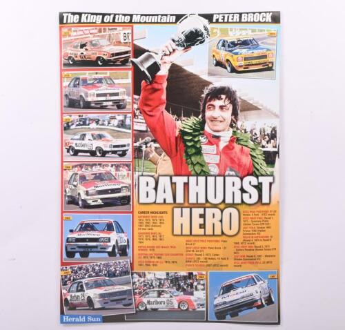 BROCK: Multiple copies of a Peter Brock related Herald Sun poster - 'BATHURST HERO & The King of the Mountain'. Depicts Peter Brock & Holden victories at Bathurst from 1972 - 1987
