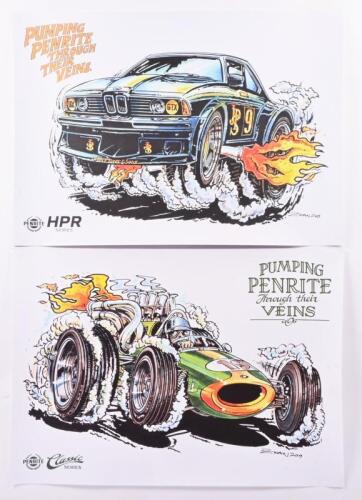 PENRITE: Two 2019 Penrite promotional posters - both titled 'PUMPING PENRITE Through their VEINS'. Colour illustrations of Sir Jack Brabham's BT 19 & BMW 635 CSi Group A
