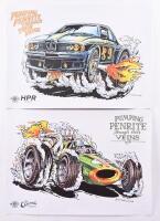PENRITE: Two 2019 Penrite promotional posters - both titled 'PUMPING PENRITE Through their VEINS'. Colour illustrations of Sir Jack Brabham's BT 19 & BMW 635 CSi Group A