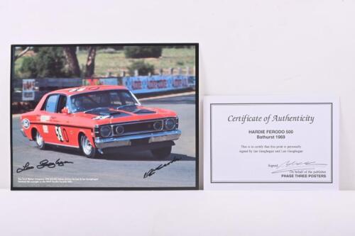 GEOGHEGAN: A PHASE THREE POSTERS colour picture on card depicting the XW GT-HO Ford Falcon being driven by Leo and Ian Geoghegan to 5th outright in the 1969 Hardie Ferodo 500. Leo and Ian Geoghegan signatures