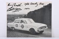 1962 ARMSTRONG 500: A black and white picture on photographic paper of the 1962 Armstrong 500 winning Ford Motor Co. of Australia Ford Falcon XL of Harry Firth and Bob Jane. Firth & Jane signatures