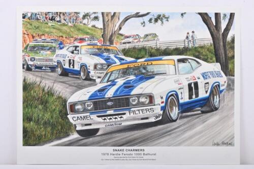 FORD: A high quality print after the original artwork - 'SNAKE CHARMERS 1978 Hardie Ferodo 1000 Bathurst' featuring the opening laps being lead by Ford Falcon XC Cobra's
