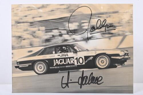 JAGUAR: A black and white re-printed image of the 1985 Bathurst winning 1985 Jaguar XJ-S of Armin Hahne and John Goss. Goss & Hahne signatures