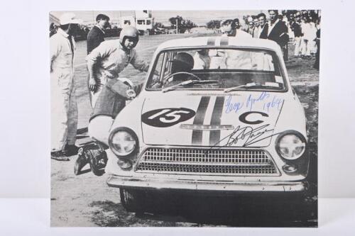 1964 BATHURST: A black and white reproduced image of the 1964 Armstrong 500 winning Ford Cortina GT of Bob Jane and George Reynolds. Jane & Reynolds signatures