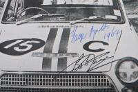 1964 BATHURST: A black and white reproduced image of the 1964 Armstrong 500 winning Ford Cortina GT of Bob Jane and George Reynolds. Jane & Reynolds signatures - 2