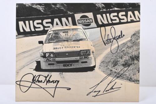 1983 BATHURST: A reproduced black and white picture of the 1983 Bathurst winning HDT Holden VH Commodore SS of Peter Brock, John Harvey and Perkins. Picture signed by Brock, Harvey & Perkins