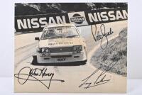 1983 BATHURST: A reproduced black and white picture of the 1983 Bathurst winning HDT Holden VH Commodore SS of Peter Brock, John Harvey and Perkins. Picture signed by Brock, Harvey & Perkins