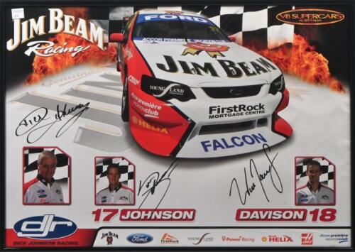 JIM BEAN RACING: A framed Jim Bean Racing team DJR poster signed by Dick Johnson, Steve Johnson and Will Davidson