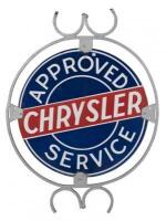 CHRYSLER: A decorative 'Approved Chrysler Service' double sided enameled sign with period surround. Sign 75cm diameter, overall 117cm high x 87.5cm wide - 4