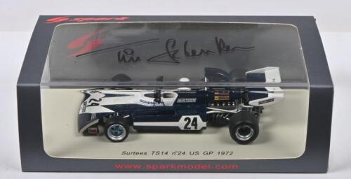 SCHENKEN: A 1:43 scale spark Surtees TS14 as raced by Tim Schenken in 1972 US GP (S4001). Tim Schenken signature