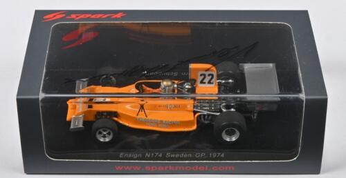 SCHUPPAN: A 1:43 scale spark Ensign N174 as raced by Vern Schuppan at 1974 Swedish GP (S4810). Vern Schuppan signature
