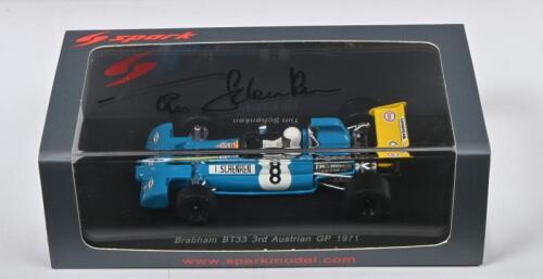 SCHENKEN: A 1:43 scale spark Brabham BT33 as raced by Tim Schenken to third place at 1971 Austrian GP. Tim Schenken signature
