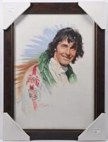 PETER BROCK: A fine original painting of Peter Brock by renowned artist Brian Clinton on board, 29cm high, 42cm wide